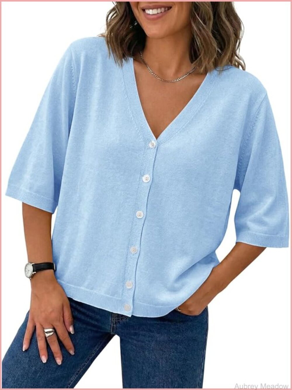 Half Short Sleeve V-Neck Button Down Cardigan Sweater